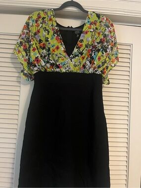 Nicole by Nicole Miller Black Dress with Lime and Lavender Floral Panels
